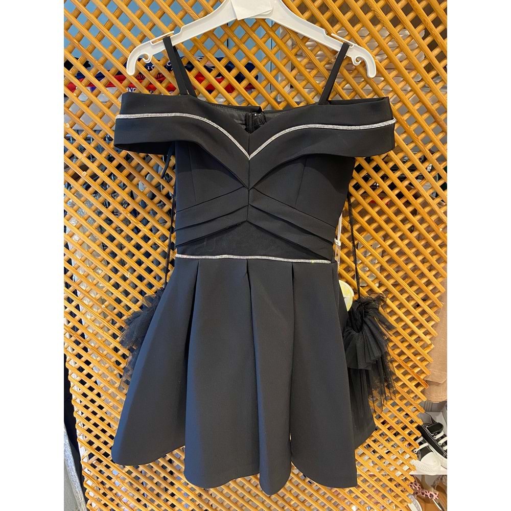 838 ÇOCUK TAŞLI OMUZ DETAYLI ELBİSE