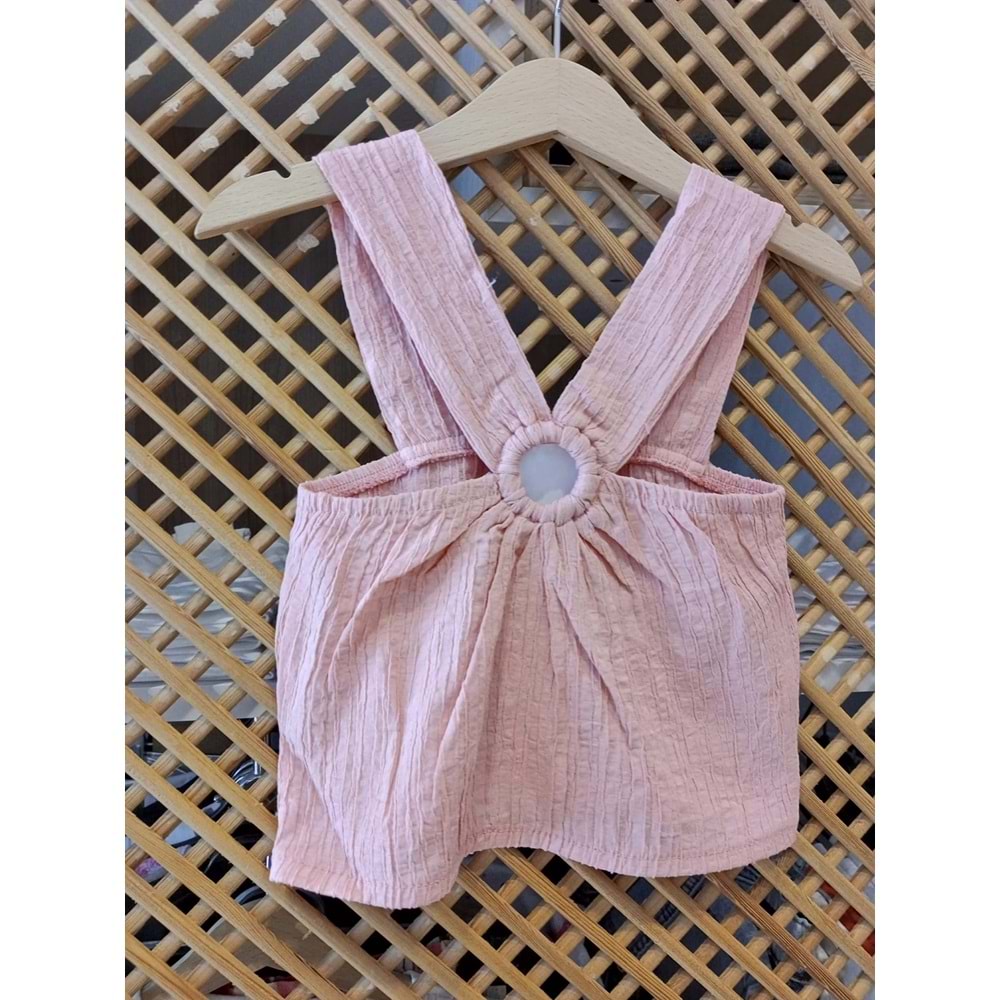 30805 ÇOCUK V YAKA KALIN ASKILI BELİ LASTİKLİ CROP BLUZ