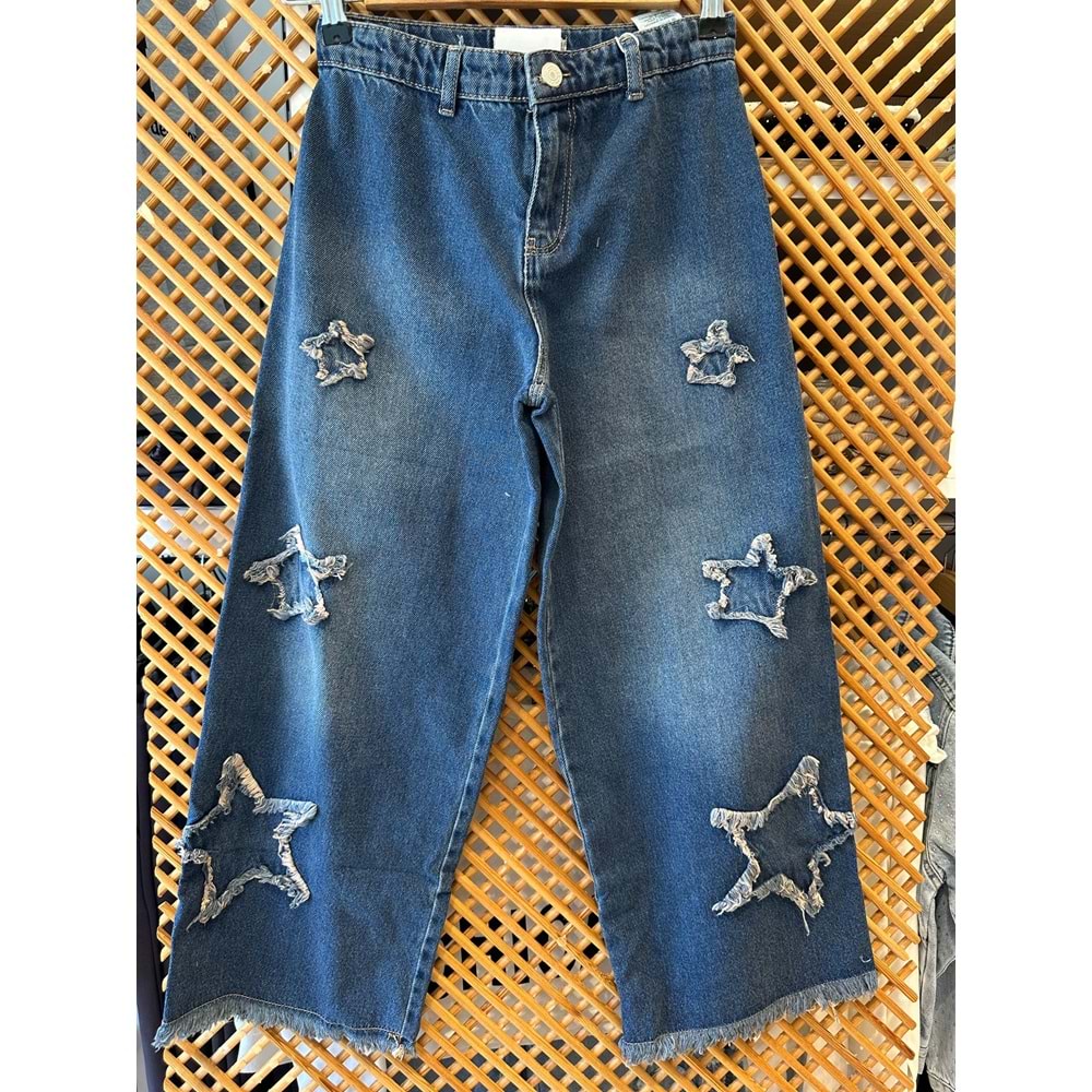 25141 ÇOCUK YILDIZ APLİKELİ BOL PAÇA KOT PANTOLON - PD KIDS