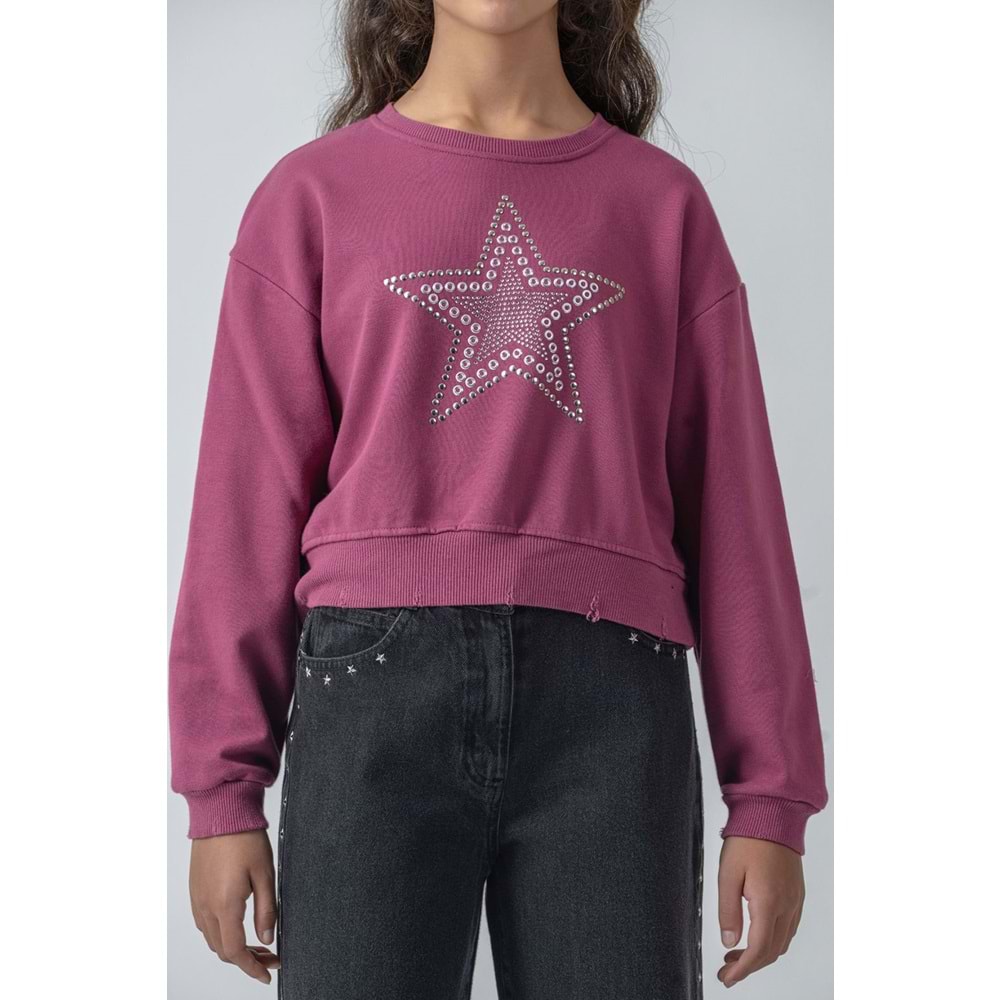 9816 ÇOCUK ŞARDONLU ESKİTME DETAYLI ÖNÜ ZIMBALI TAŞLI SWEAT - ÇOCUK - BORDO - 10/11