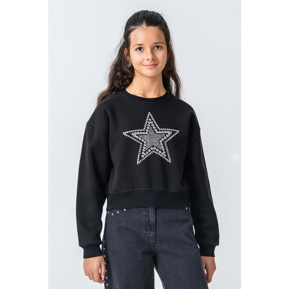 9816 ÇOCUK ŞARDONLU ESKİTME DETAYLI ÖNÜ ZIMBALI TAŞLI SWEAT - ÇOCUK - SİYAH - 9/10