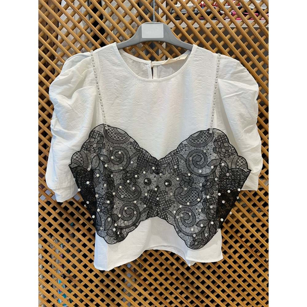 7991 ÇOCUK BALON KOL DANTEL BÜSTİYERLİ KREP BLUZ