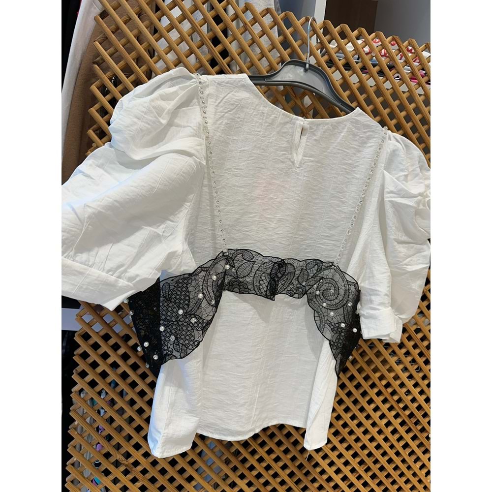 7991 ÇOCUK BALON KOL DANTEL BÜSTİYERLİ KREP BLUZ