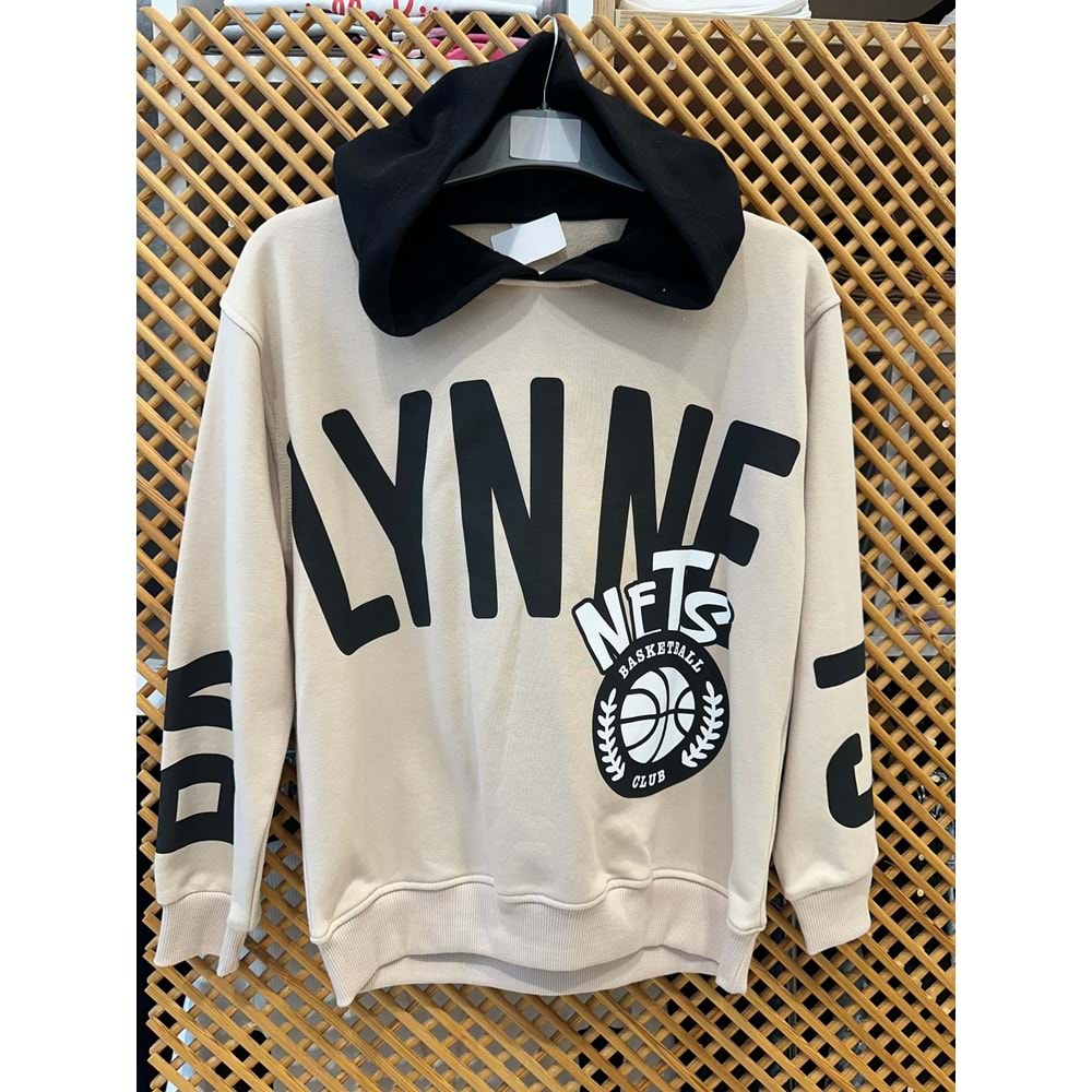 4096 ÇOCUK KAPŞONLU ÖNÜ VE KOLLARI BASKILI SWEAT