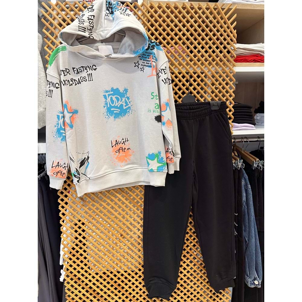 4054 ÇOCUK KAPŞONLU BASKILI SWEAT VE DÜZ ALT TAKIM