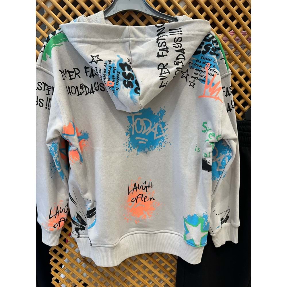 4054 ÇOCUK KAPŞONLU BASKILI SWEAT VE DÜZ ALT TAKIM