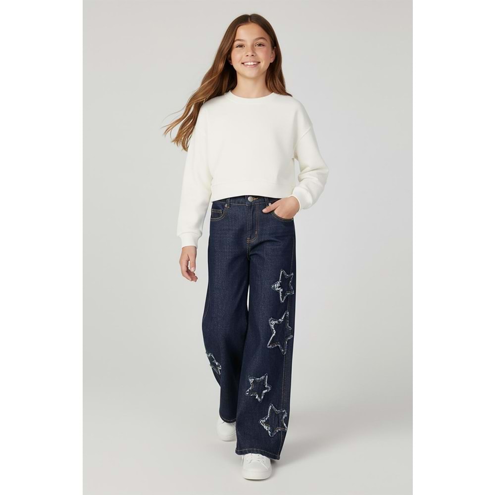 9780 ÇOCUK YILDIZLI YÜKSEK BEL BOL PAÇA KOT PANTOLON