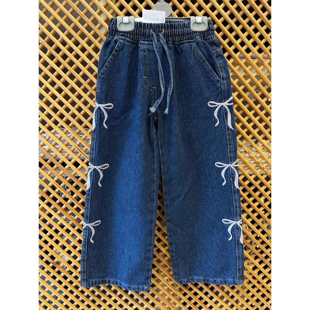0507 ÇOCUK BELİ LASTİKLİ YUMUŞAK KUMAŞ KURDELA DETAY BOL PAÇA KOT PANTOLON
