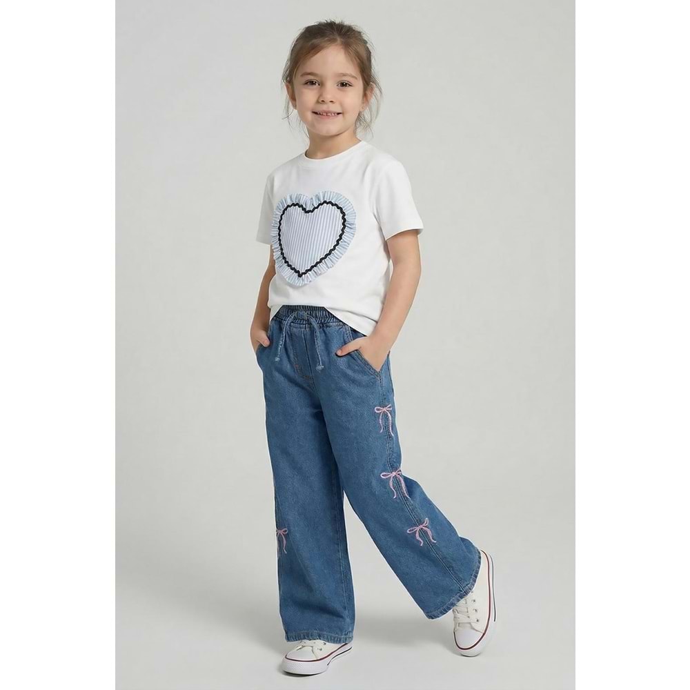 0507 ÇOCUK BELİ LASTİKLİ YUMUŞAK KUMAŞ KURDELA DETAY BOL PAÇA KOT PANTOLON