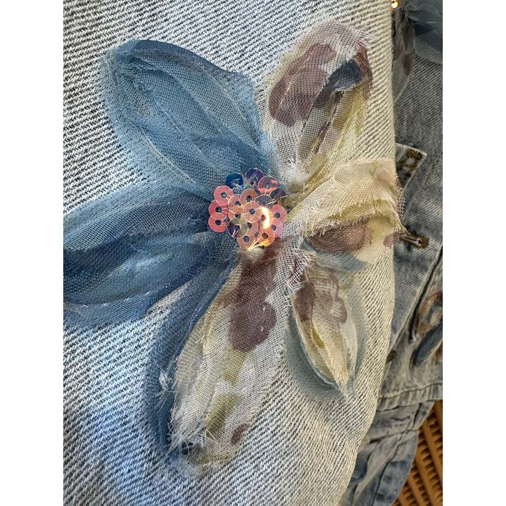 0672 ÇOCUK TÜL ÇİÇEKLİ KOT CEKET ŞORT ETEK TAKIM