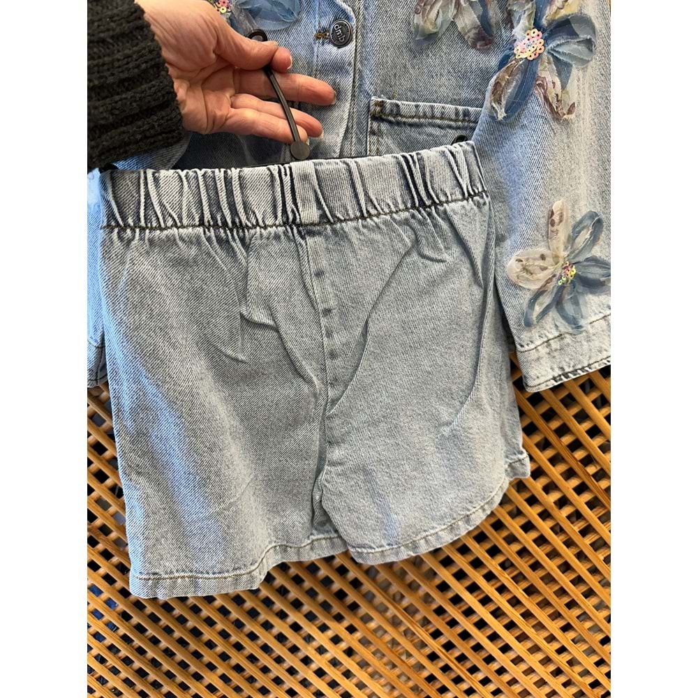 0672 ÇOCUK TÜL ÇİÇEKLİ KOT CEKET ŞORT ETEK TAKIM