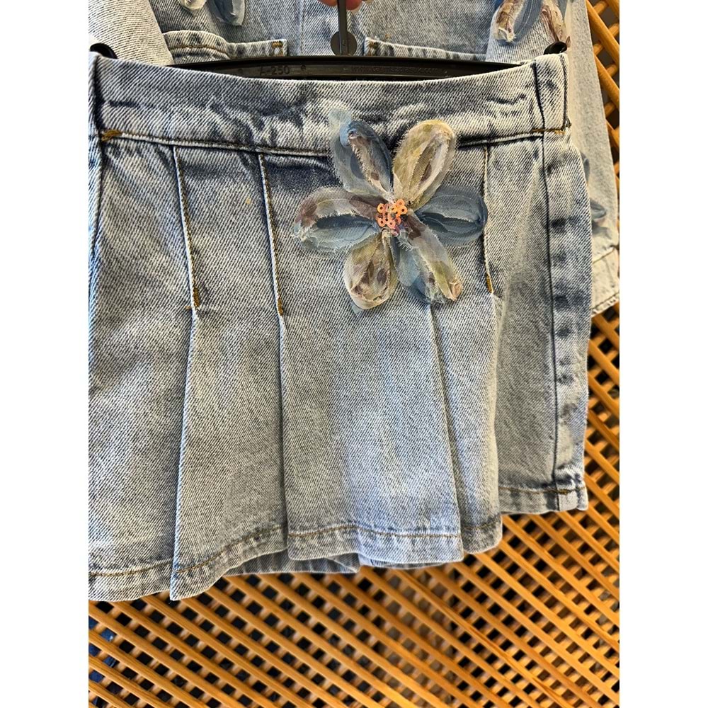 0672 ÇOCUK TÜL ÇİÇEKLİ KOT CEKET ŞORT ETEK TAKIM