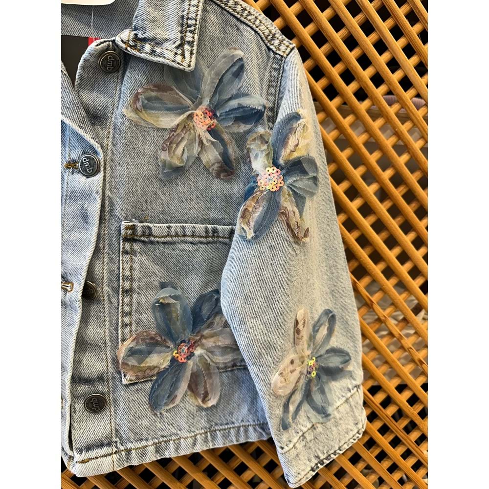 0672 ÇOCUK TÜL ÇİÇEKLİ KOT CEKET ŞORT ETEK TAKIM