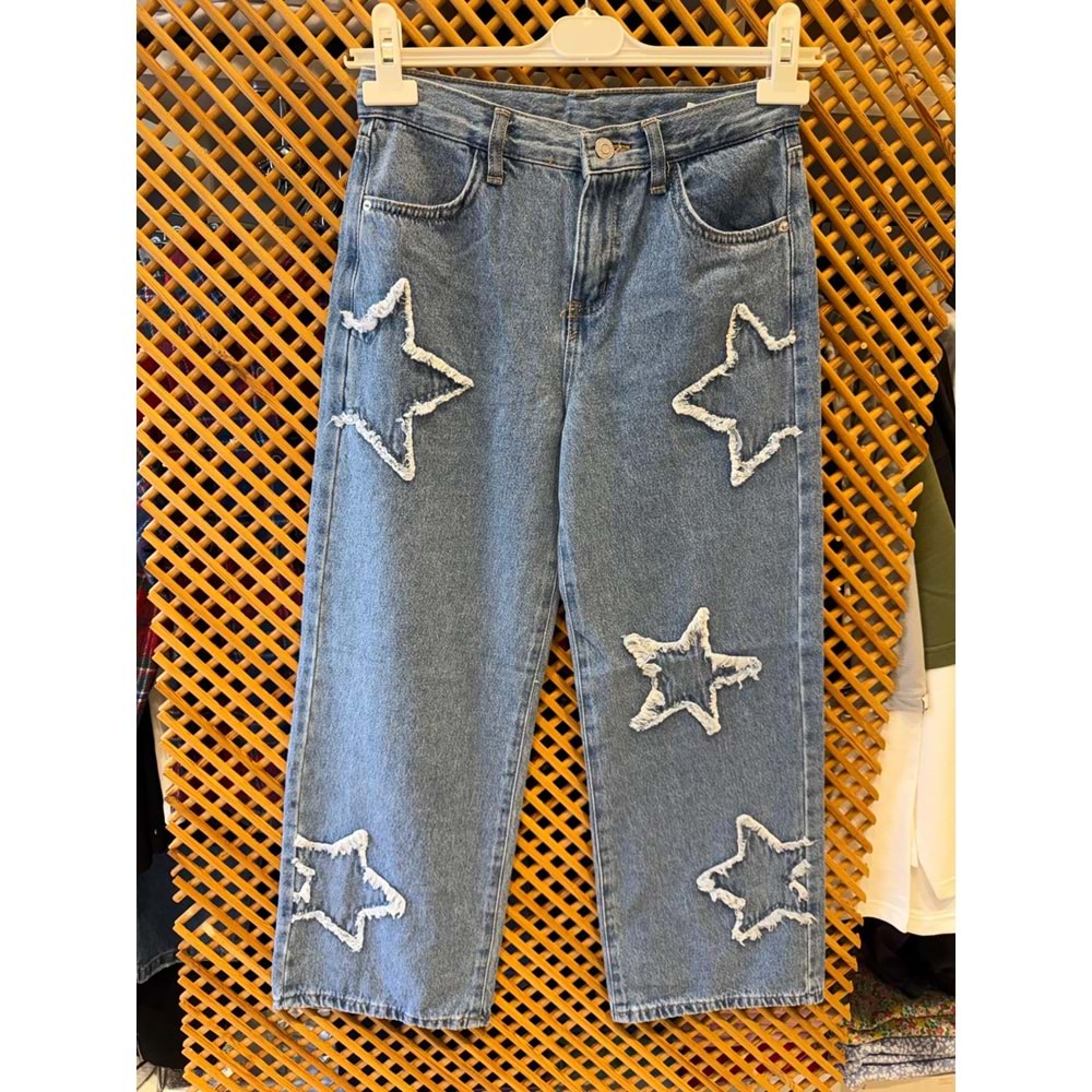 J11701 ÇOCUK YILDIZ APLİKELİ BOL PAÇA PANTOLON