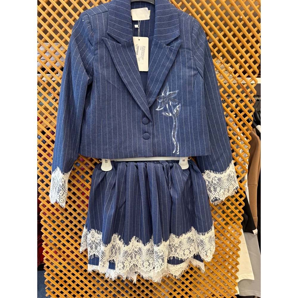 5001-5003 ÇOCUK DANTEL DETAY BELİ LASTİKLİ ŞORT ETEK CEKET TAKIM