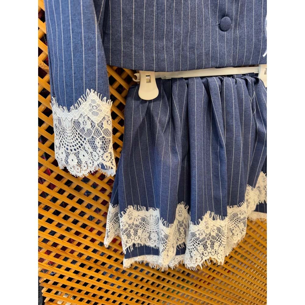 5001-5003 ÇOCUK DANTEL DETAY BELİ LASTİKLİ ŞORT ETEK CEKET TAKIM