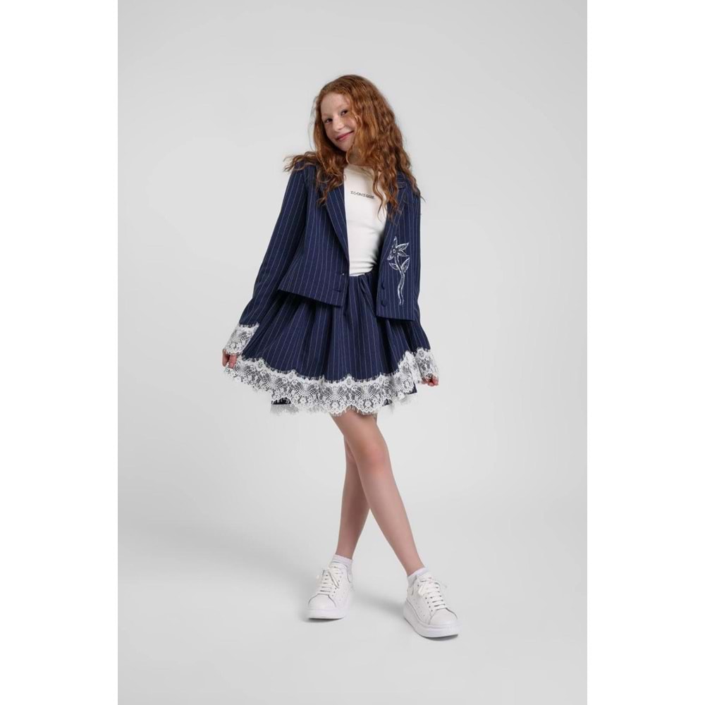 5001-5003 ÇOCUK DANTEL DETAY BELİ LASTİKLİ ŞORT ETEK CEKET TAKIM