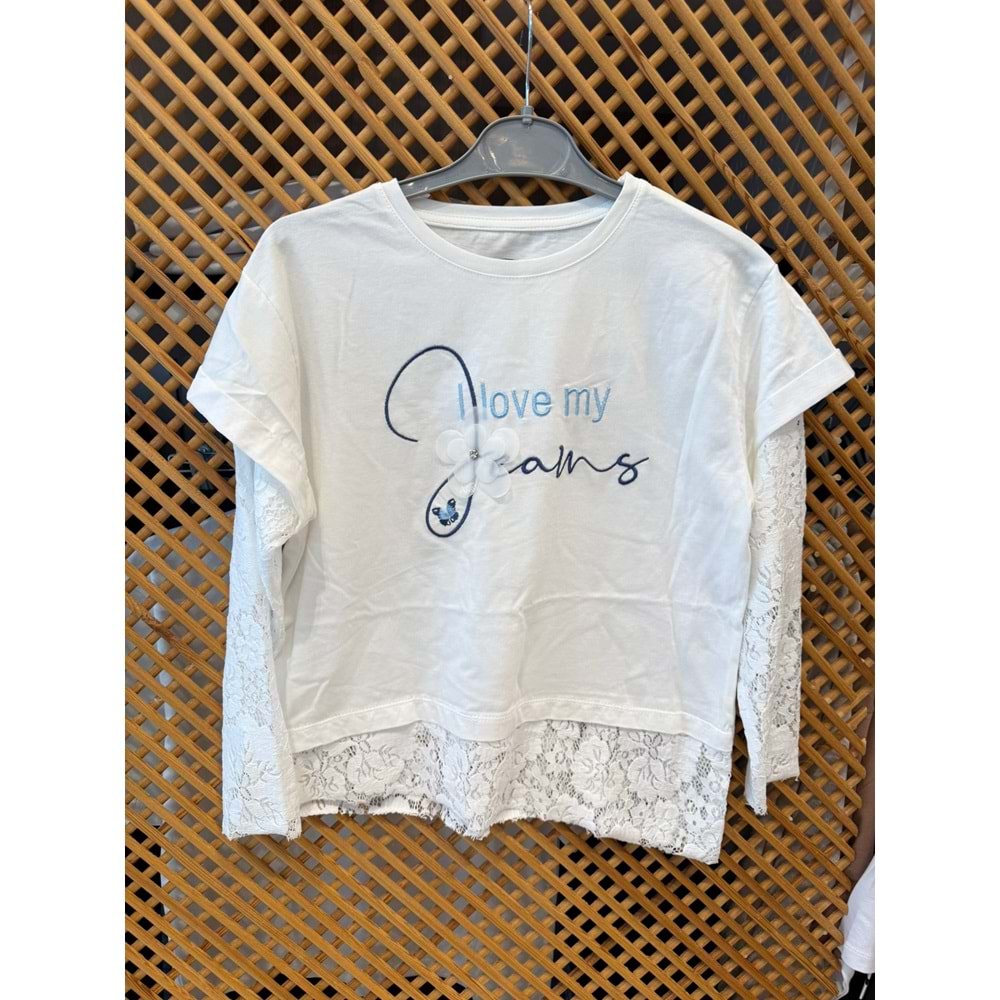 36195 ÇOCUK PAMUKLU KUMAŞ KOL VE ETEK UCU DANTELLİ TİŞÖRT