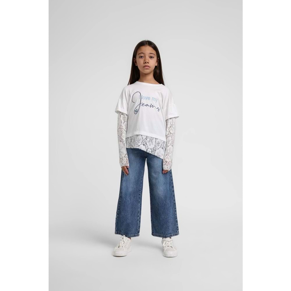 36195 ÇOCUK PAMUKLU KUMAŞ KOL VE ETEK UCU DANTELLİ TİŞÖRT