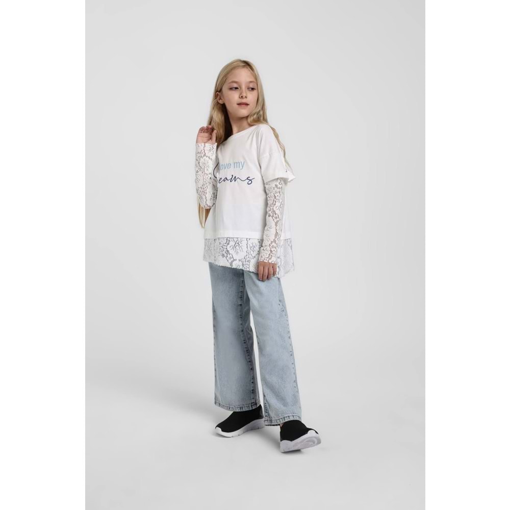 36195 ÇOCUK PAMUKLU KUMAŞ KOL VE ETEK UCU DANTELLİ TİŞÖRT