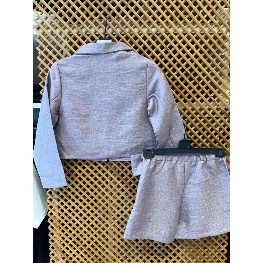 70853 ÇOCUK LİLA RENK PARLAK KUMAŞ ŞORT ETEK CROP CEKET TAKIM