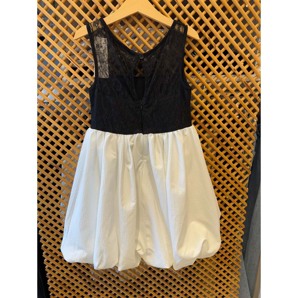 70822 ÇOCUK BEDENİ DANTEL VE FİYONK DETAY BALOK ETEK KOLSUZ ELBİSE