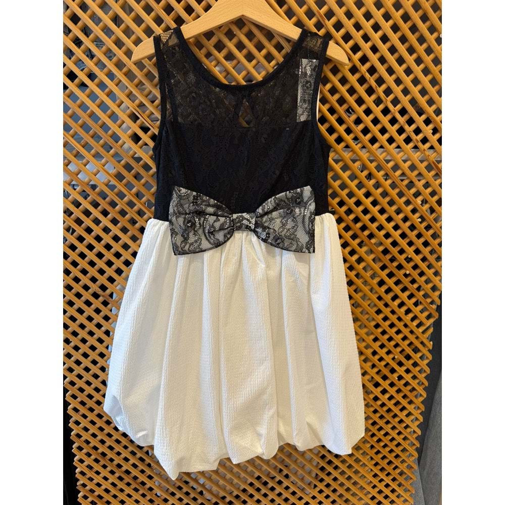 70822 ÇOCUK BEDENİ DANTEL VE FİYONK DETAY BALOK ETEK KOLSUZ ELBİSE