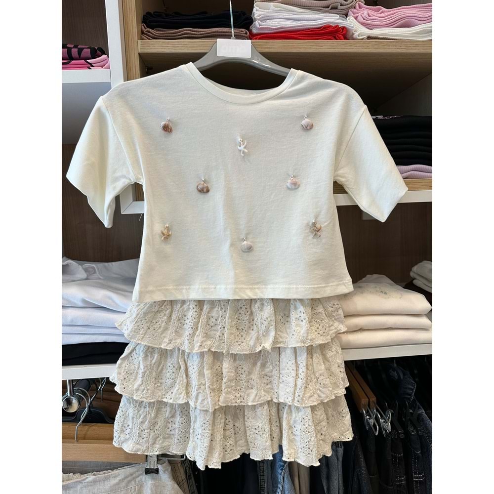 70746 ÇOCUK FİSTOLU FIRFIRLI ETEK VE DENİZ KABUĞU AKSESUARLI TİŞÖRT TAKIM