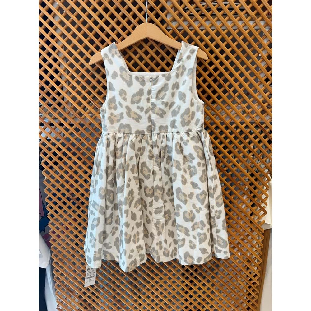 75401 ÇOCUK LEOPAR DESENLİ BEL YANLARI BÜZGÜ DETAY ELBİSE