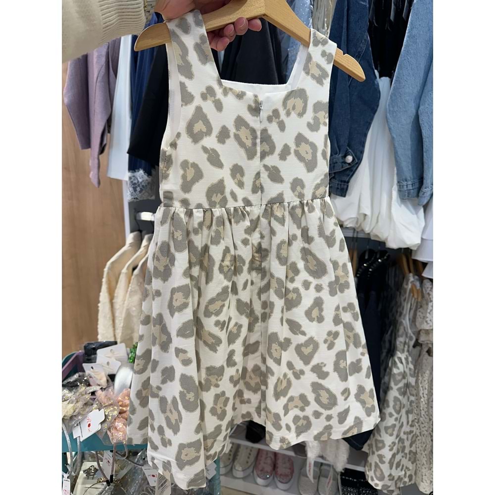 75401 ÇOCUK LEOPAR DESENLİ BEL YANLARI BÜZGÜ DETAY ELBİSE