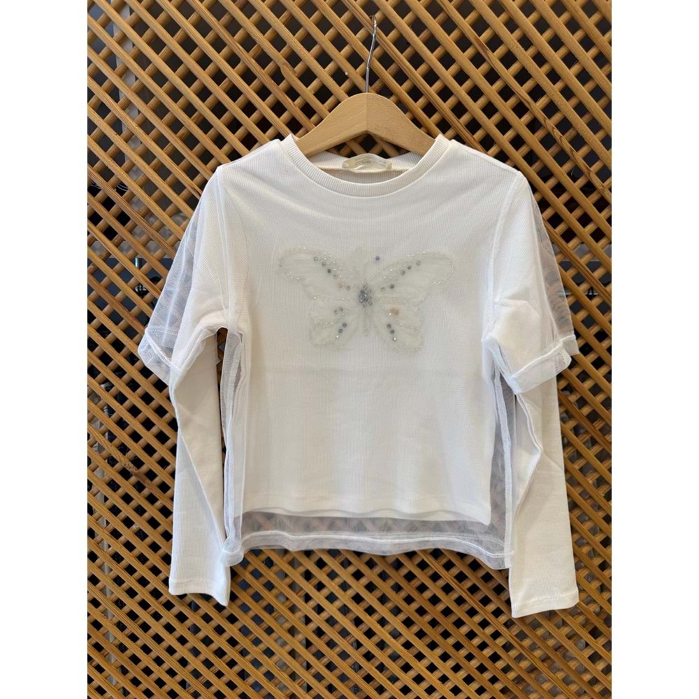 75847 ÇOCUK ÖNÜ TAŞLI KELEBEK ÜSTÜ KISA KOL TÜL DETAYLI ÇİFT KAT BLUZ