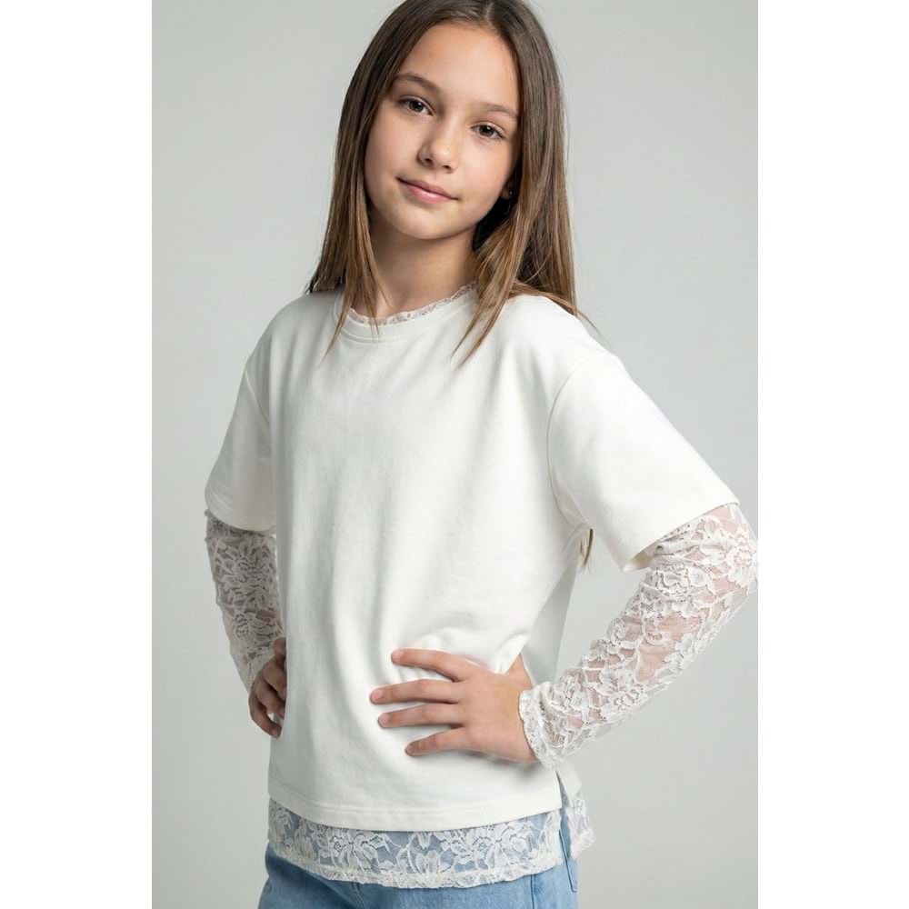 0749 ÇOCUK KOL YAKA VE ETEK UCU DANTEL TİŞÖRT