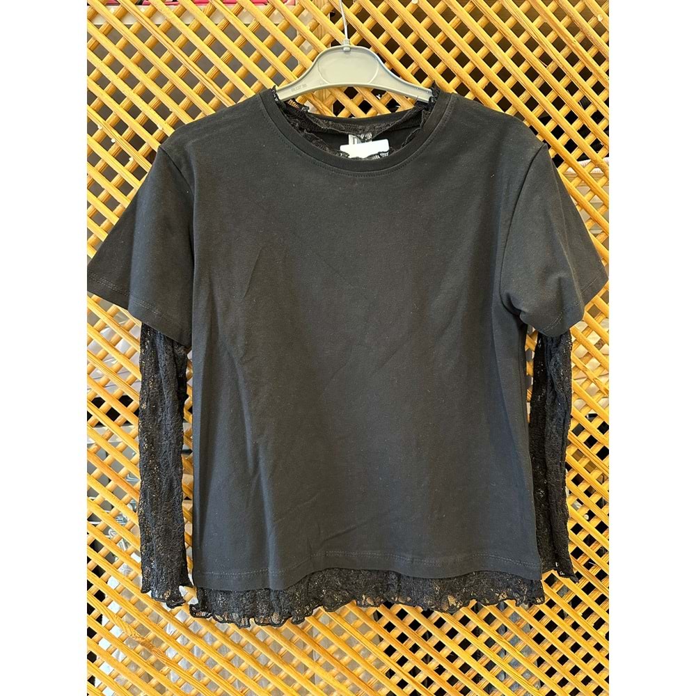 0749 ÇOCUK KOL YAKA VE ETEK UCU DANTEL TİŞÖRT