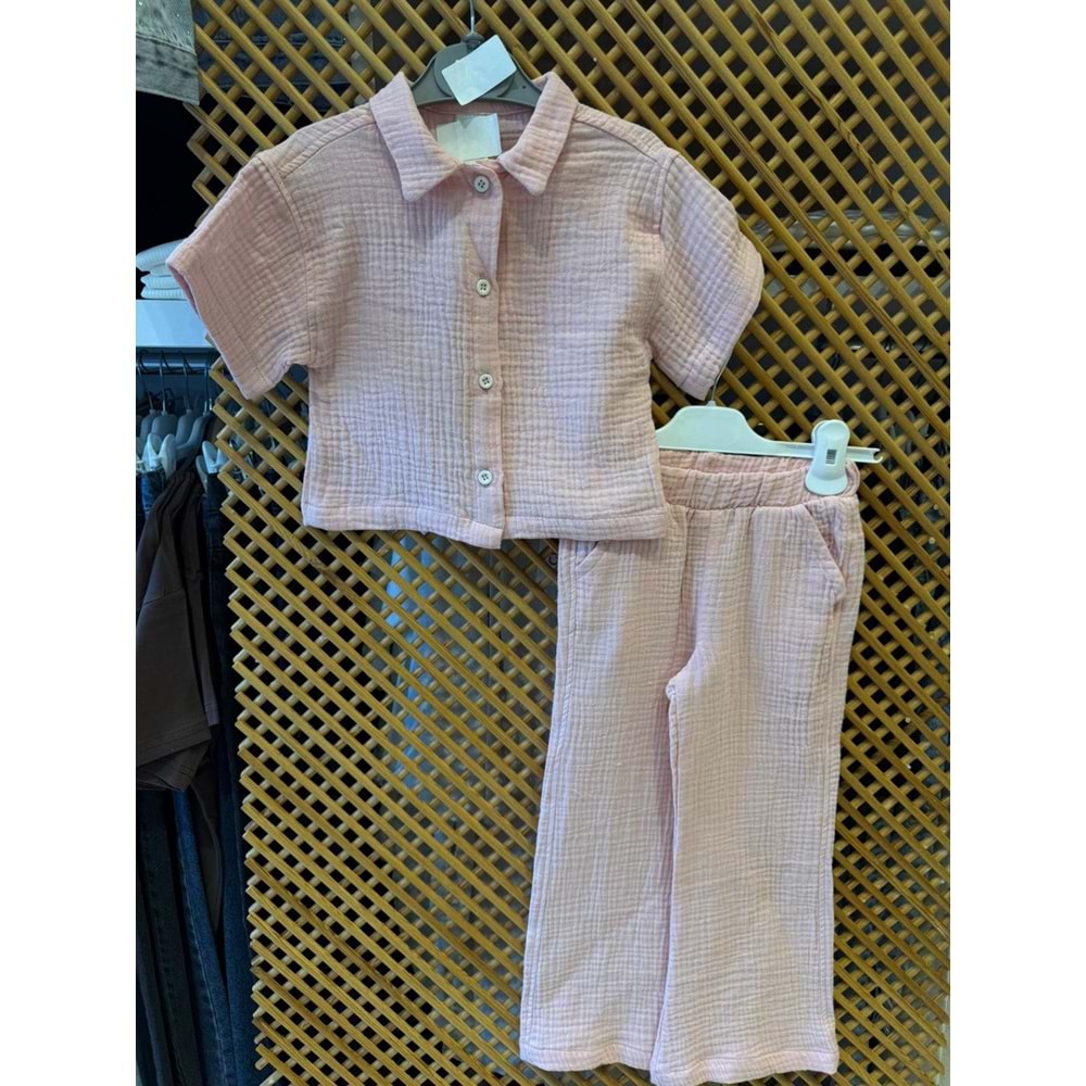 0700 KIZ ÇOCUK MÜSLİN GÖMLEK PANTOLON TAKIM PEMBE