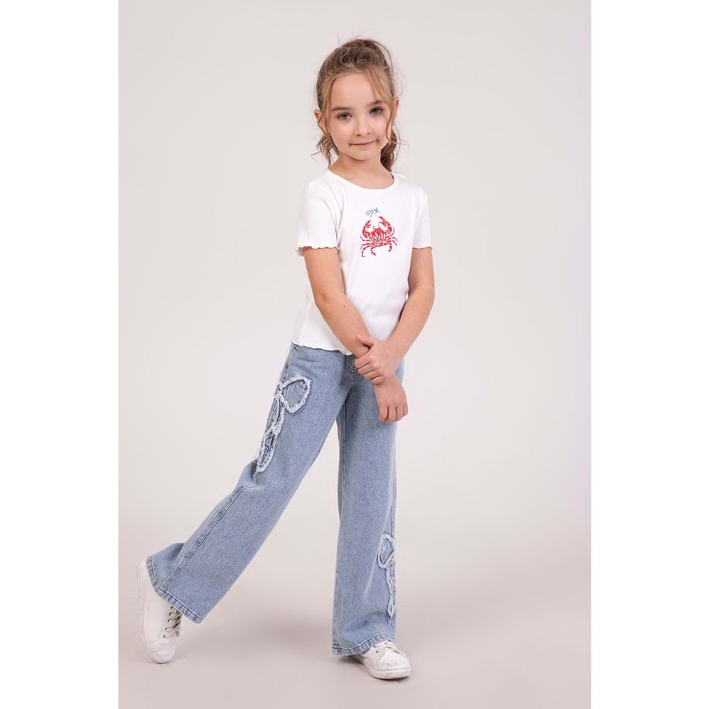 9827 ÇOCUK BELİ LASTİKLİ FİYONK APLİKELİ PANTOLON