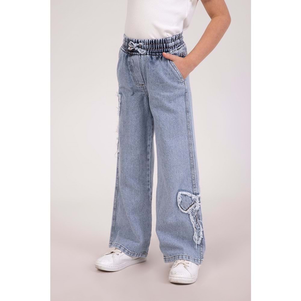 9827 ÇOCUK BELİ LASTİKLİ FİYONK APLİKELİ PANTOLON