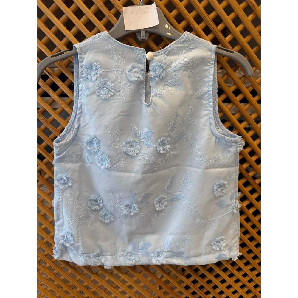 2323 ÇOCUK ÜÇ BOYUTLU NAKIŞLI KUMAŞ KOLSUZ BLUZ