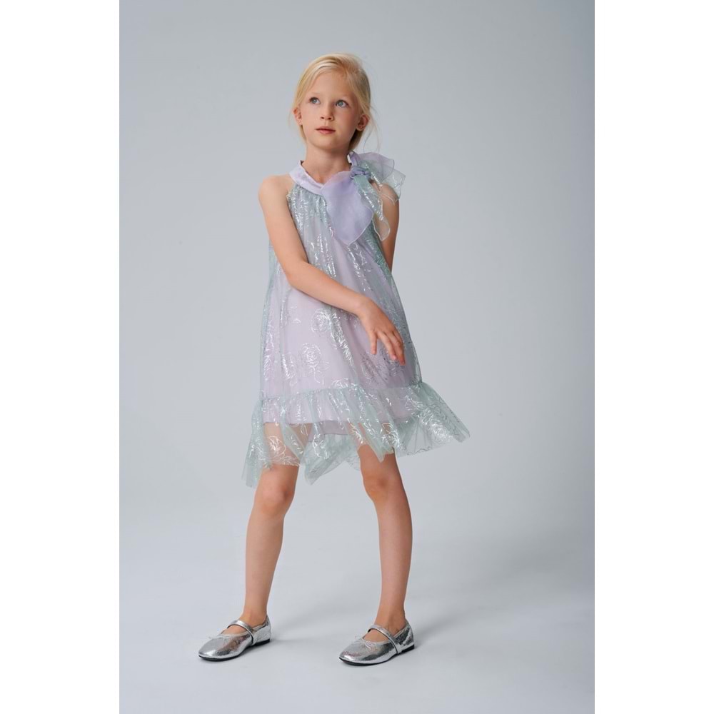 DSL0571 ÇOCUK DESENLİ TÜL BOYNU FİYONKLU ELBİSE