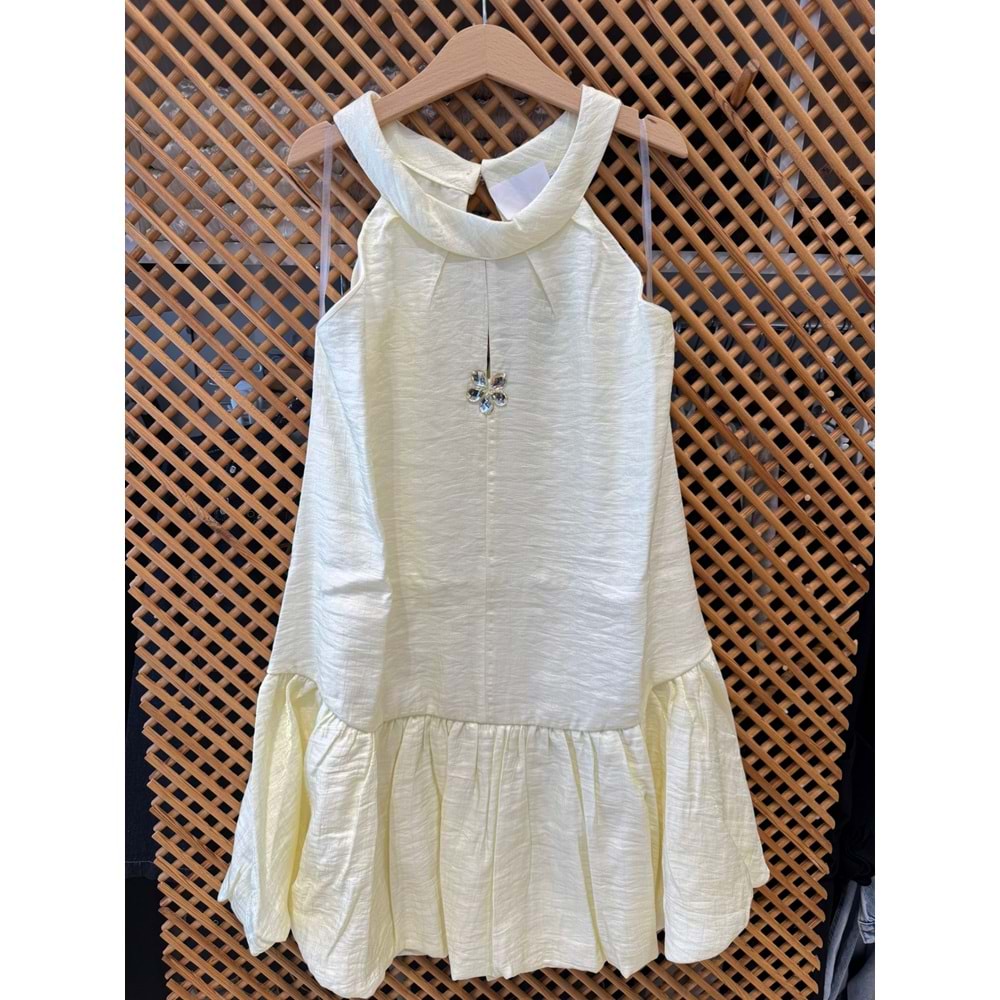 DSL0504 ÇOCUK PARLAK KUMAŞ YAKA TAŞ DETAY BALON ETEKLİ ELBİSE