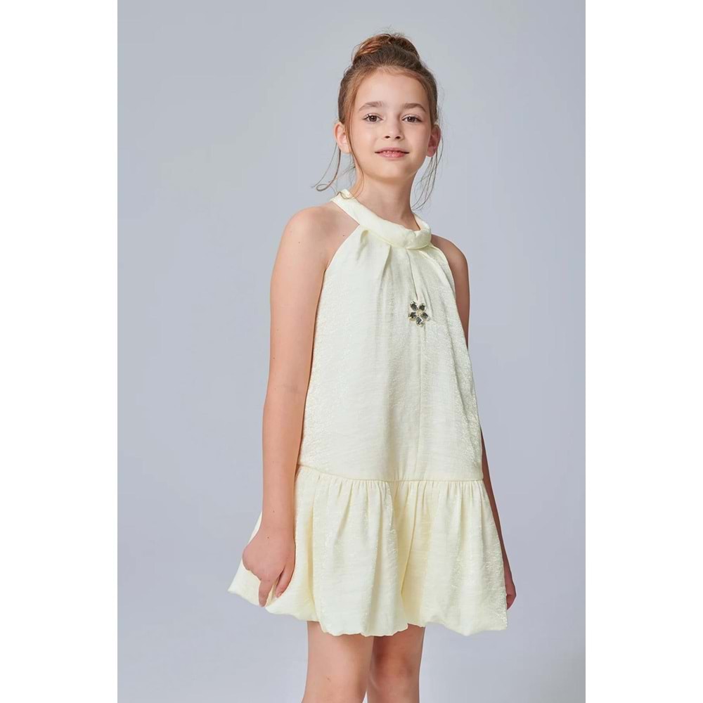 DSL0504 ÇOCUK PARLAK KUMAŞ YAKA TAŞ DETAY BALON ETEKLİ ELBİSE