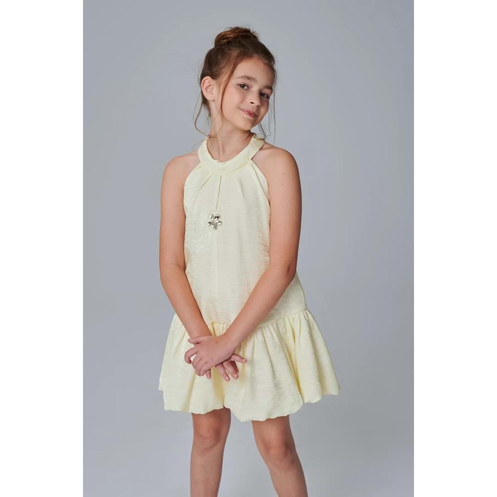 DSL0504 ÇOCUK PARLAK KUMAŞ YAKA TAŞ DETAY BALON ETEKLİ ELBİSE