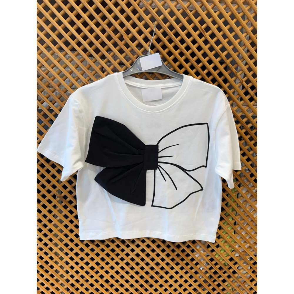 0753 ÇOCUK PAMUKLU ÖNÜ KURDELA DETAY CROP TİŞÖRT