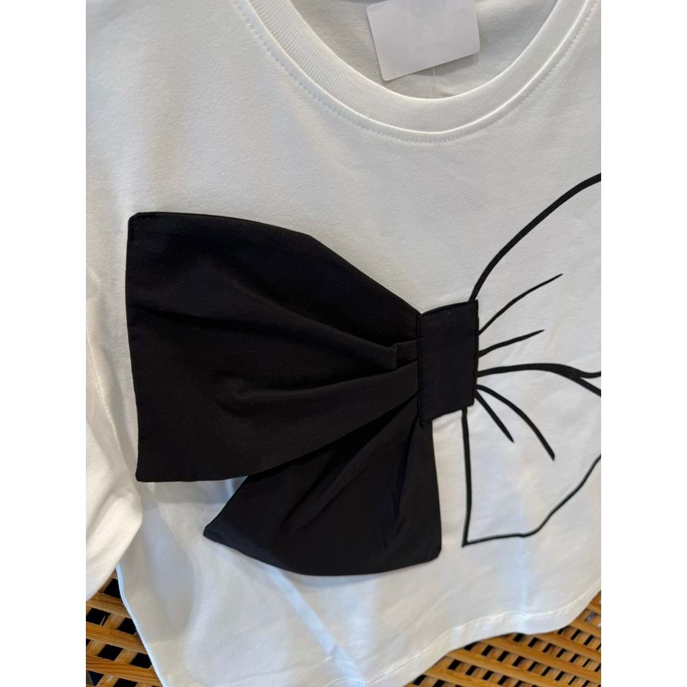 0753 ÇOCUK PAMUKLU ÖNÜ KURDELA DETAY CROP TİŞÖRT