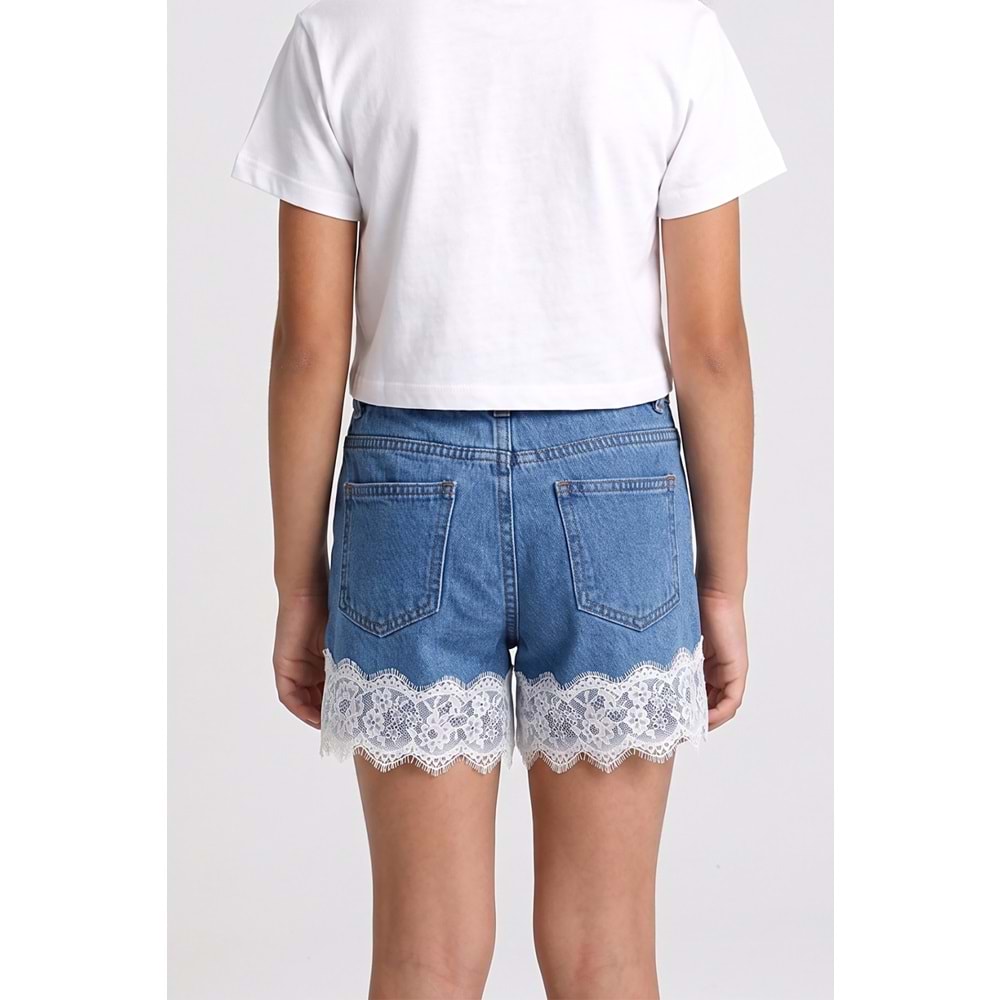 0780 ÇOCUK PAÇA UCU DANTELLİ BELDEN AYARLI KOT ŞORT