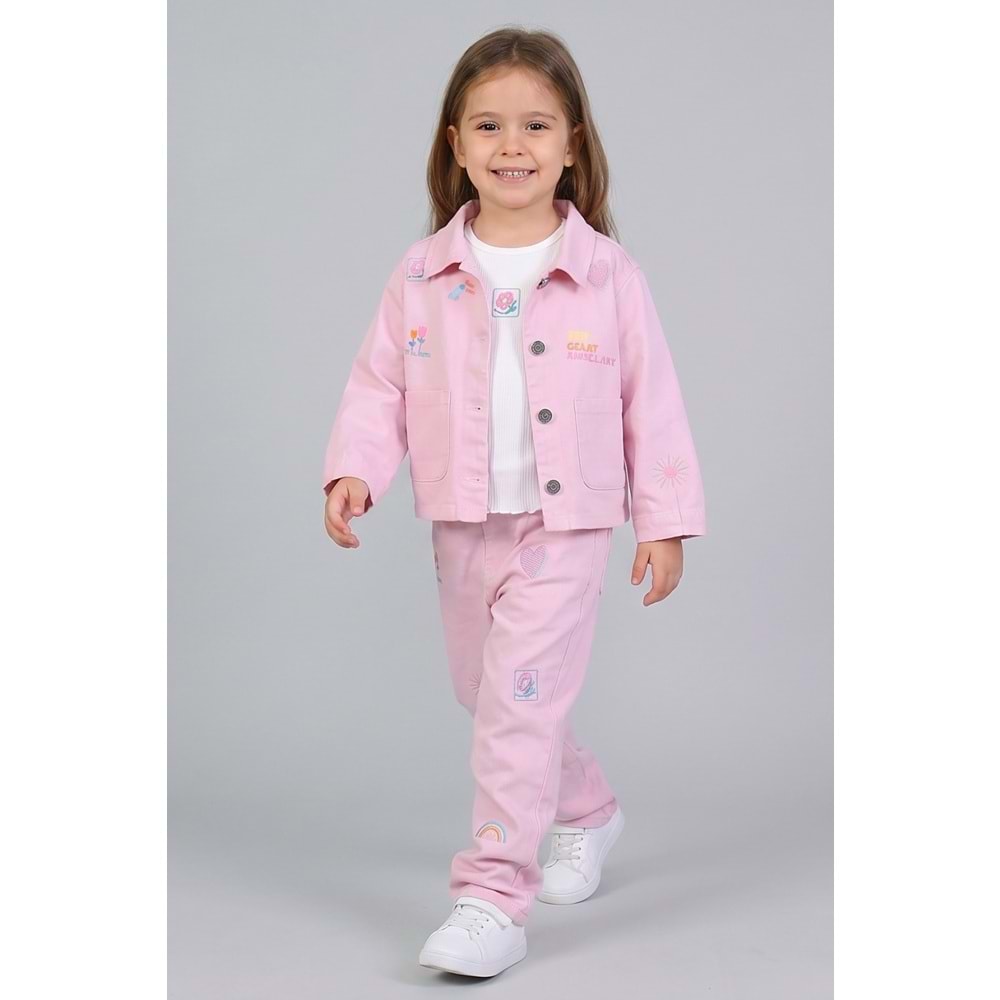 M9989 GABARDİN DENİM NAKIŞLI ÜÇLÜ ÇOCUK TAKIM