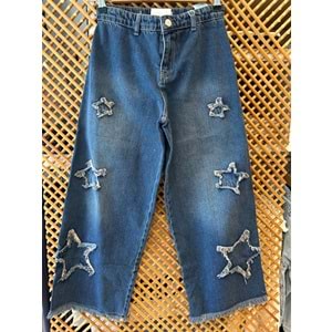 25141 ÇOCUK YILDIZ APLİKELİ BOL PAÇA KOT PANTOLON - PD KIDS