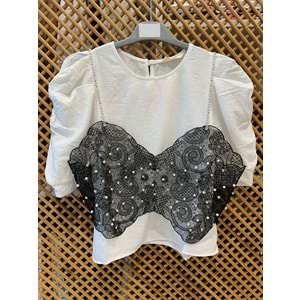 7991 ÇOCUK BALON KOL DANTEL BÜSTİYERLİ KREP BLUZ