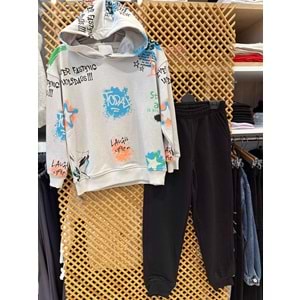 4054 ÇOCUK KAPŞONLU BASKILI SWEAT VE DÜZ ALT TAKIM