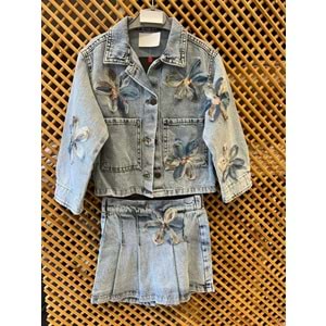 0672 ÇOCUK TÜL ÇİÇEKLİ KOT CEKET ŞORT ETEK TAKIM