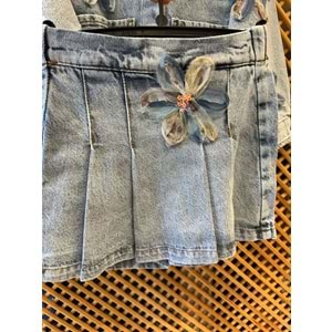 0672 ÇOCUK TÜL ÇİÇEKLİ KOT CEKET ŞORT ETEK TAKIM